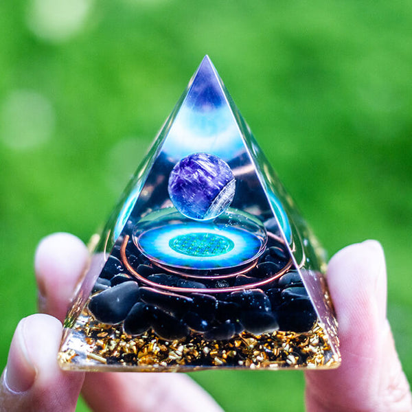 Amethyst Crystal Sphere with Citrine and Blue Quartz Orgonite Pyramid |  CHAKRA ORGONITE - Chakra Orgonite