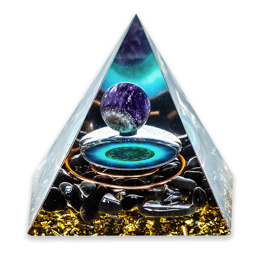 Amethyst Crystal Sphere with Citrine and Blue Quartz Orgonite Pyramid |  CHAKRA ORGONITE - Chakra Orgonite