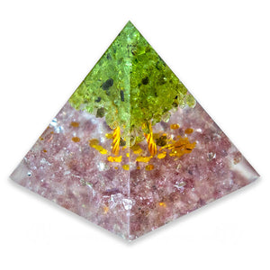 Strawberry Quartz and Peridot Tree of Life Orgonite Pyramid