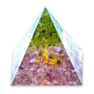 Strawberry Quartz and Peridot Tree of Life Orgonite Pyramid