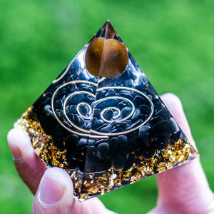 Tiger Eye Crystal Sphere with Obsidian Orgonite Pyramid